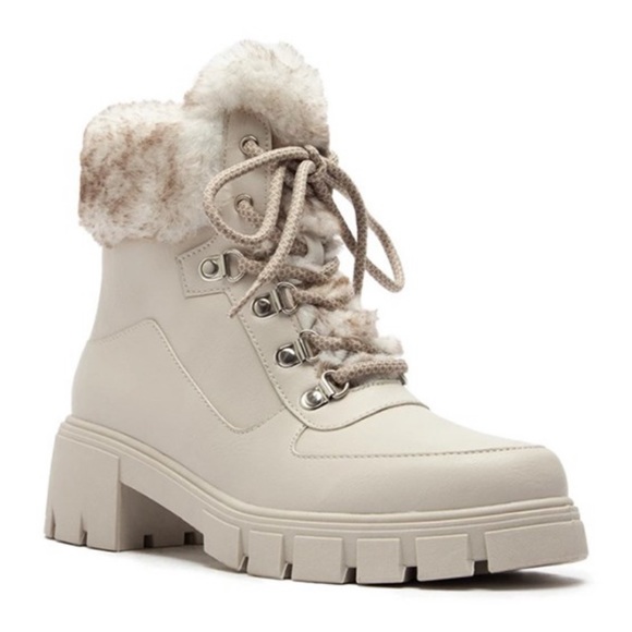 Bone Lace-up Combat boot with faux fur ankle cuff - Picture 11 of 16